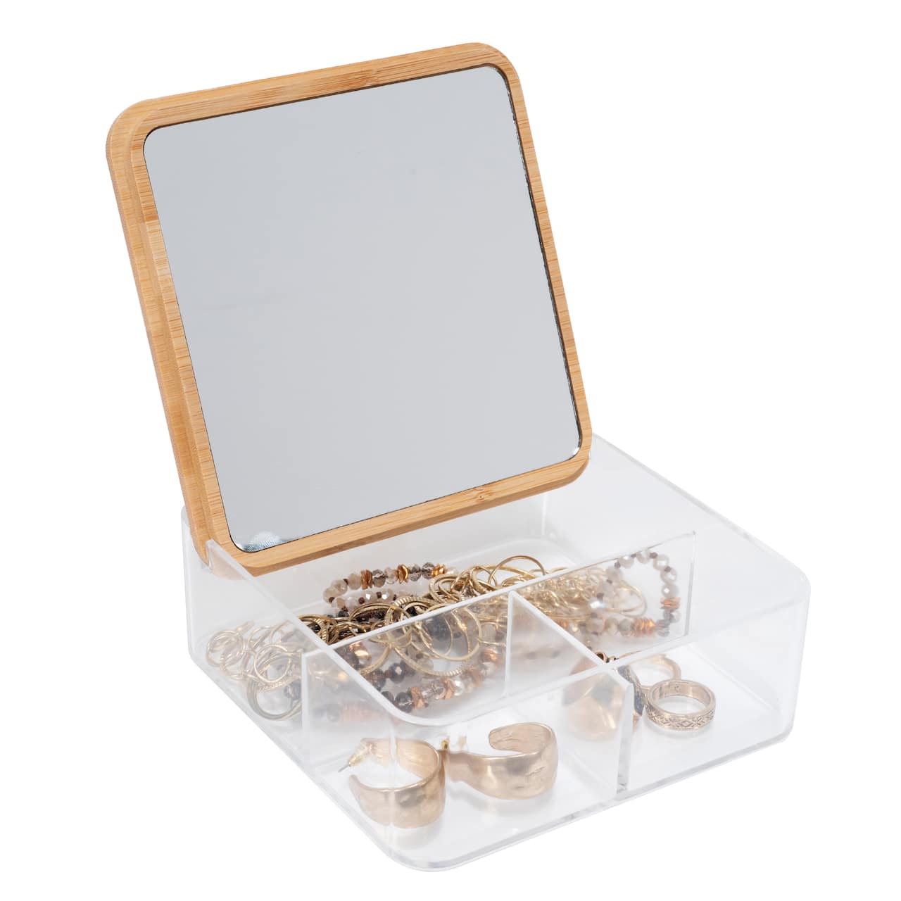 Simplify 3 Compartment Clear Organizer with Bamboo Lid and Mirror